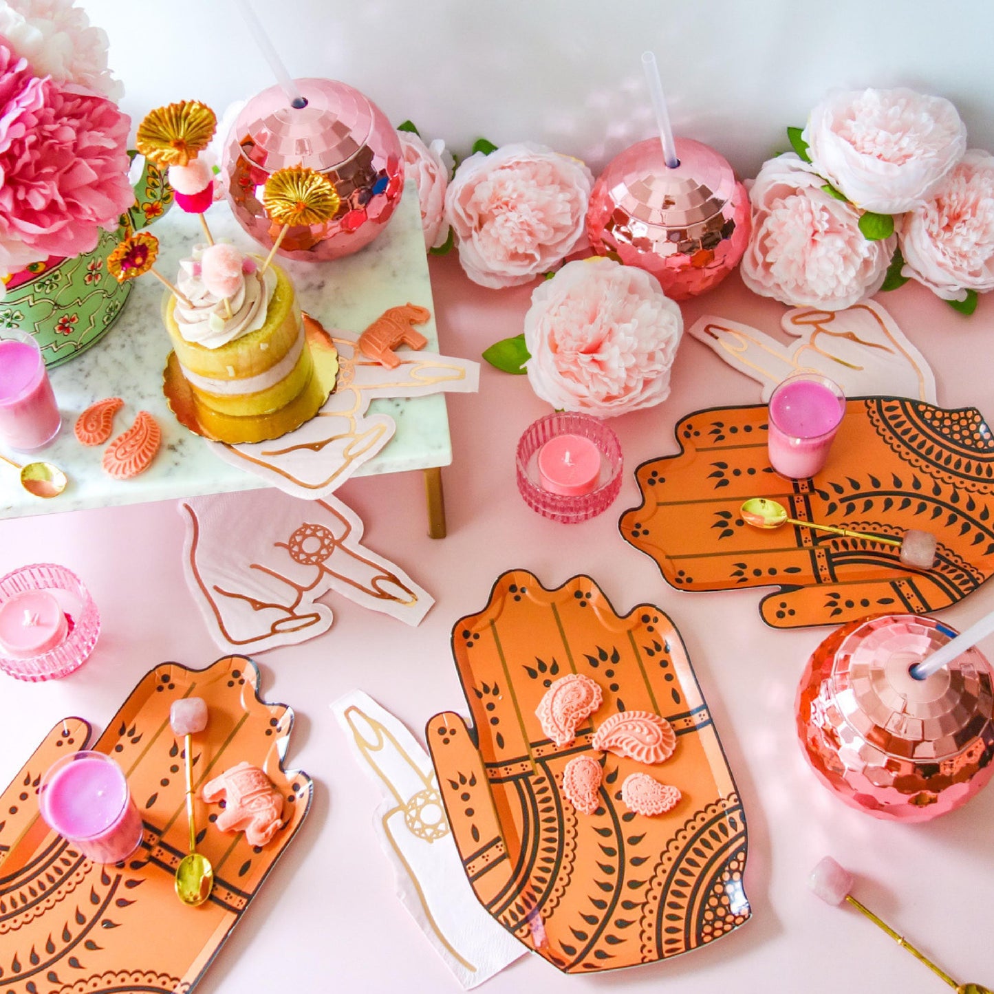 All pink party setup with Henna Hand plates