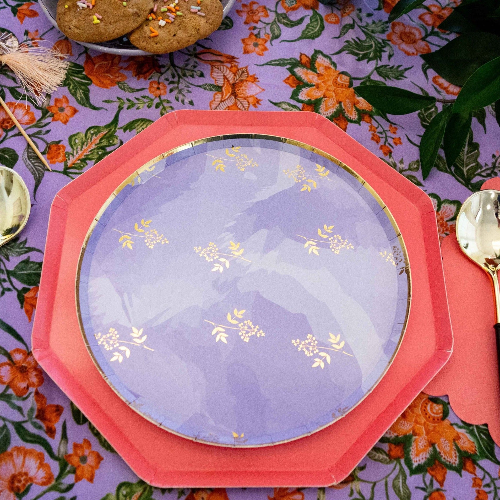 Lavender party plate with gold foil pattern