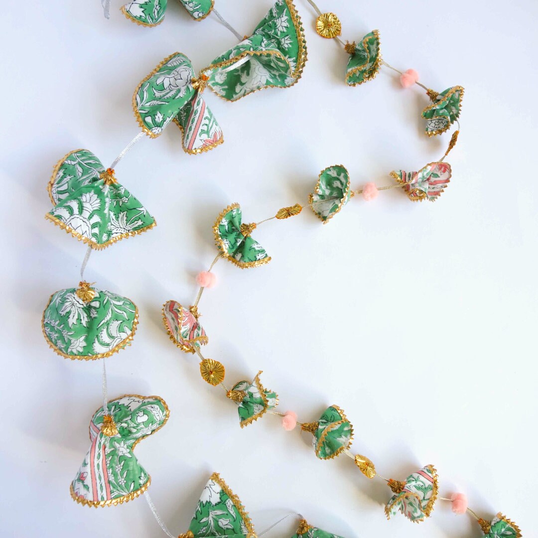 Fabric block print garlands in sage green and pink fabric with gold border