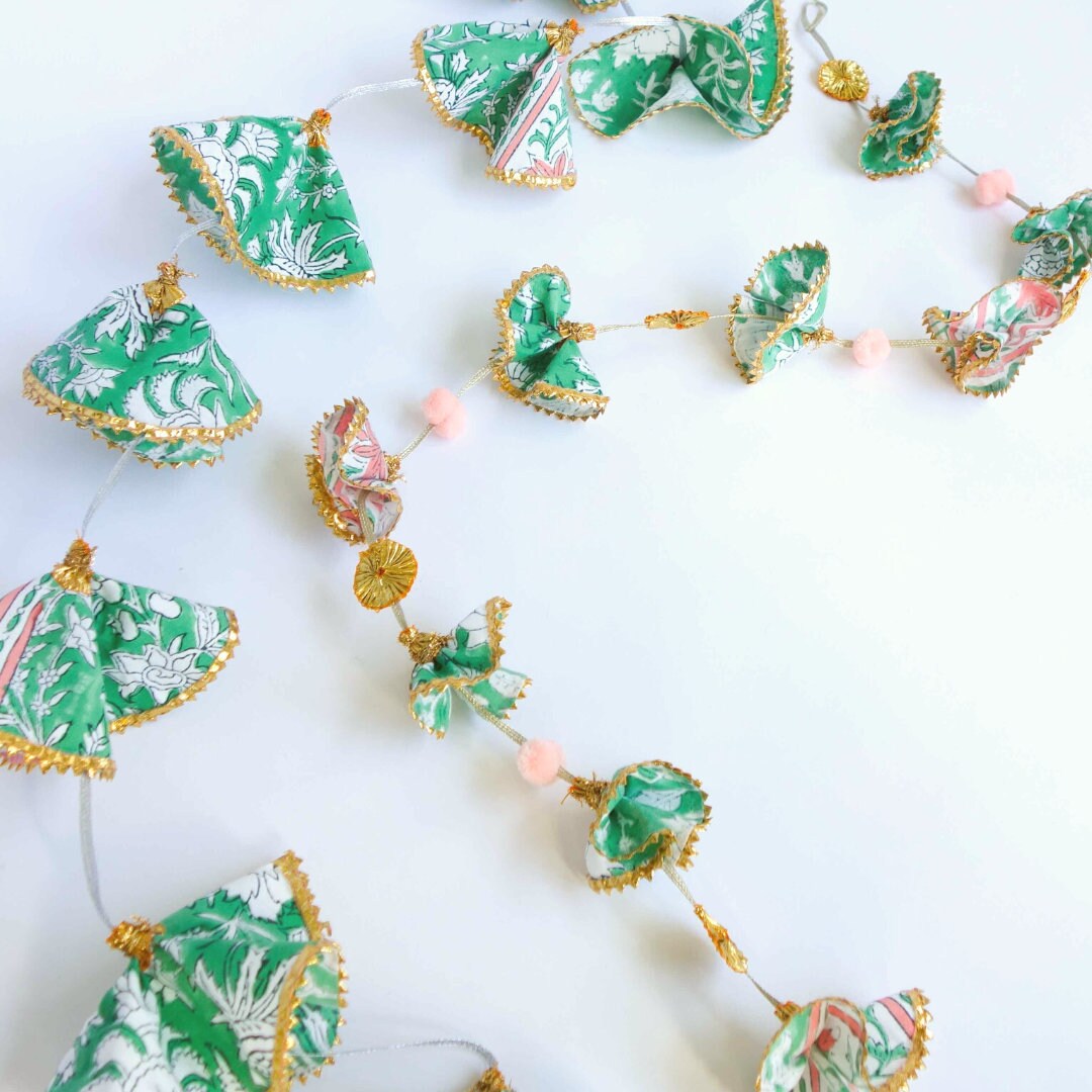Fabric block print garland flatlay