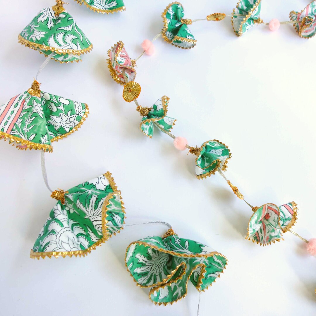 Flatlay of block print hanging garland